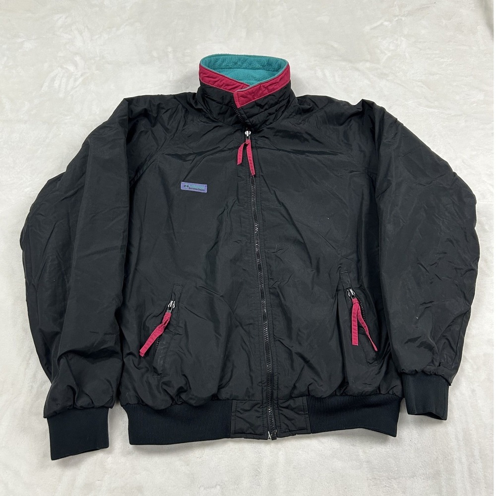 Columbia Bomber Jacket Mens L Black Fleece Lined Radial Sleeve Vintage